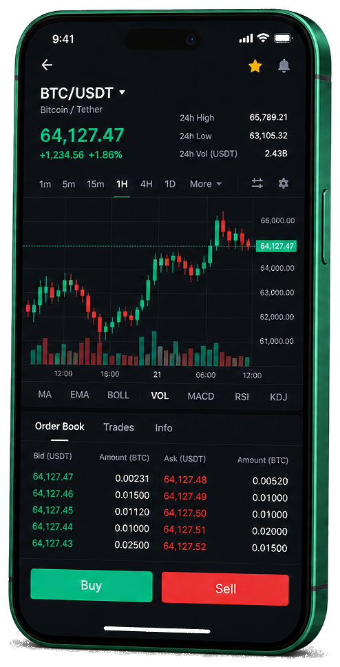 Application mobile Vaste Chainoire — graphique BTC/USDT en direct, carnet d’ordres et outils de trading